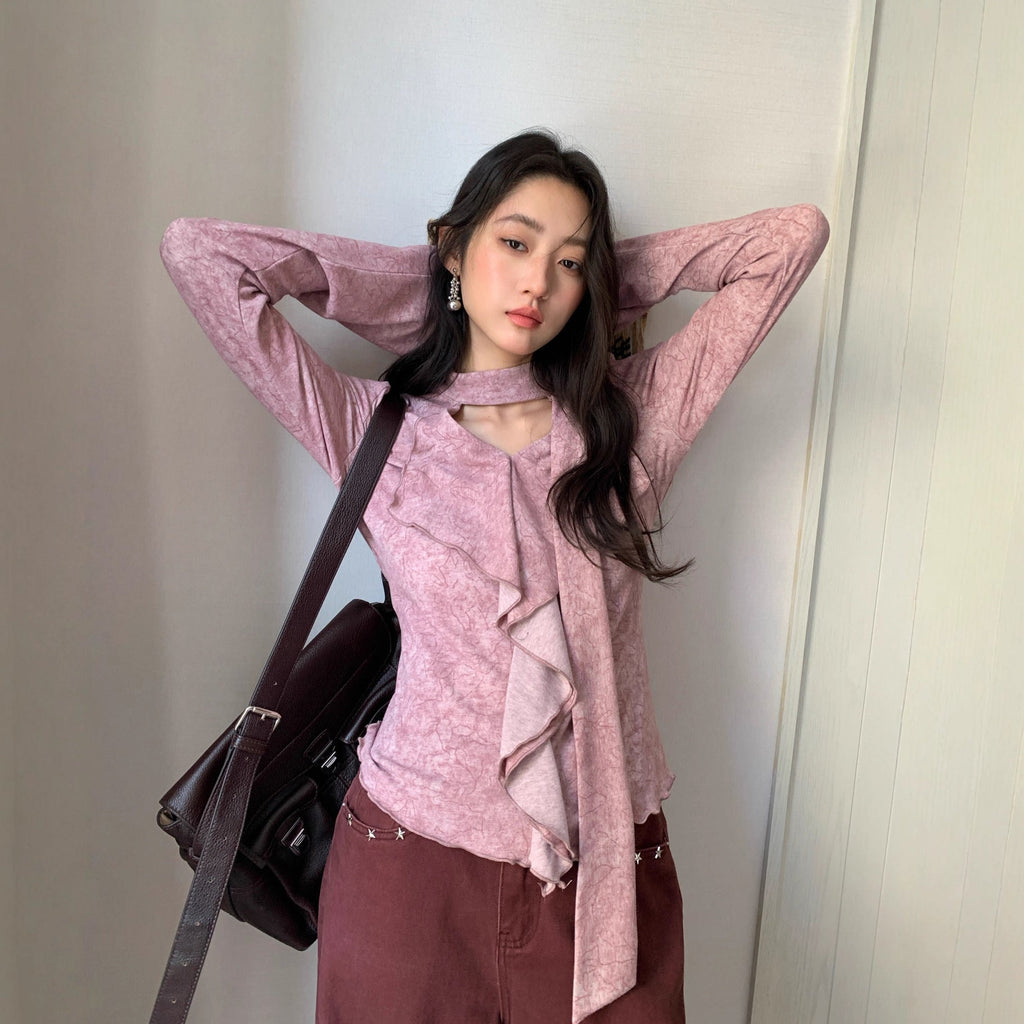 Floral long-sleeved streamer ruffle bottoming shirt