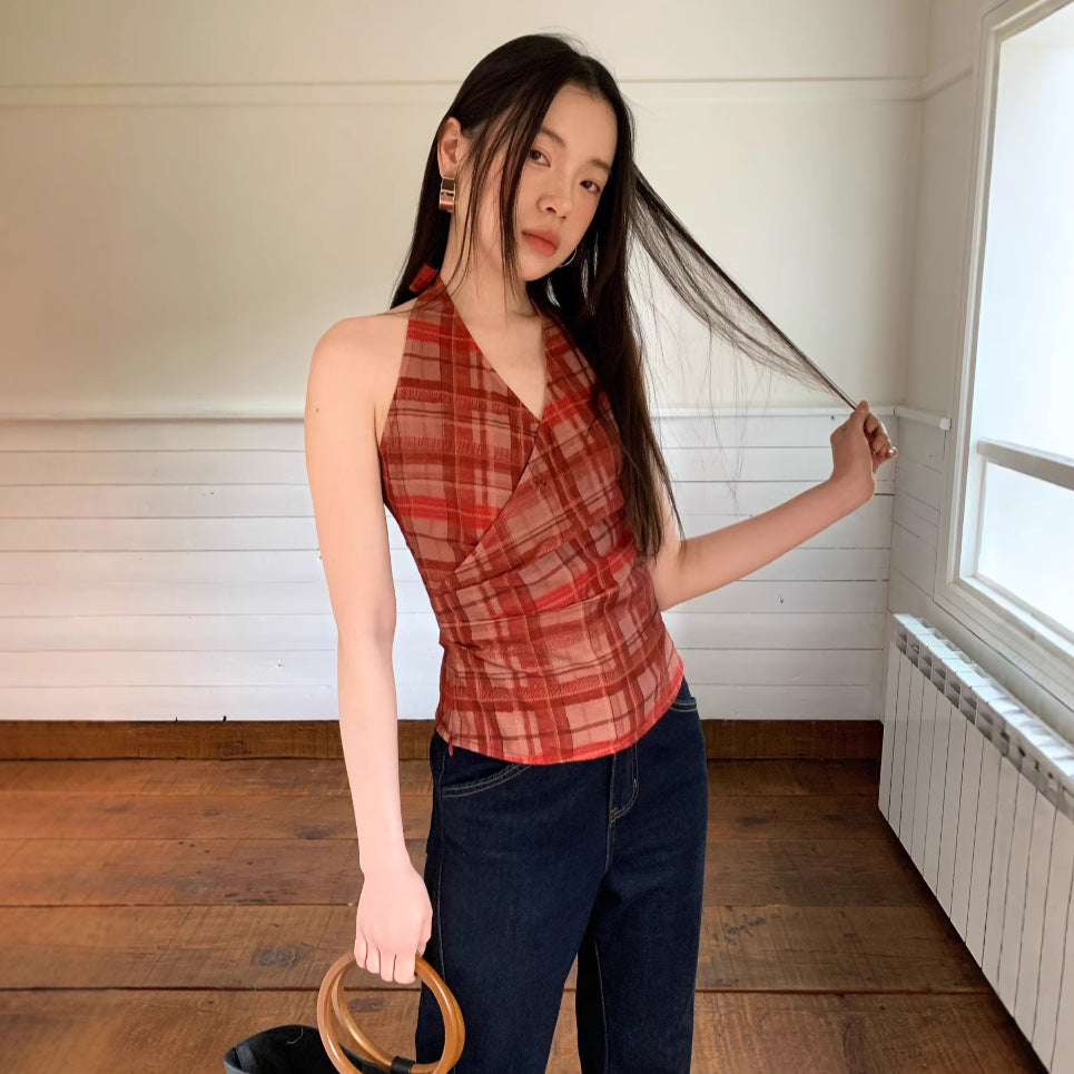 Sexy Spice Girl Halter Lace-Up Neck Checkered Small Suspender Vest