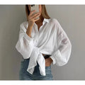 Lapel Long Sleeve Shirt Women Loose Fit Button-Front Blouse