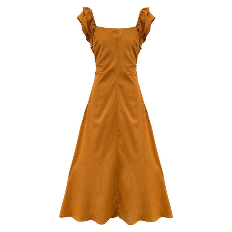 French small flying sleeve temperament dress summer new back hollow waist thin vest skirt