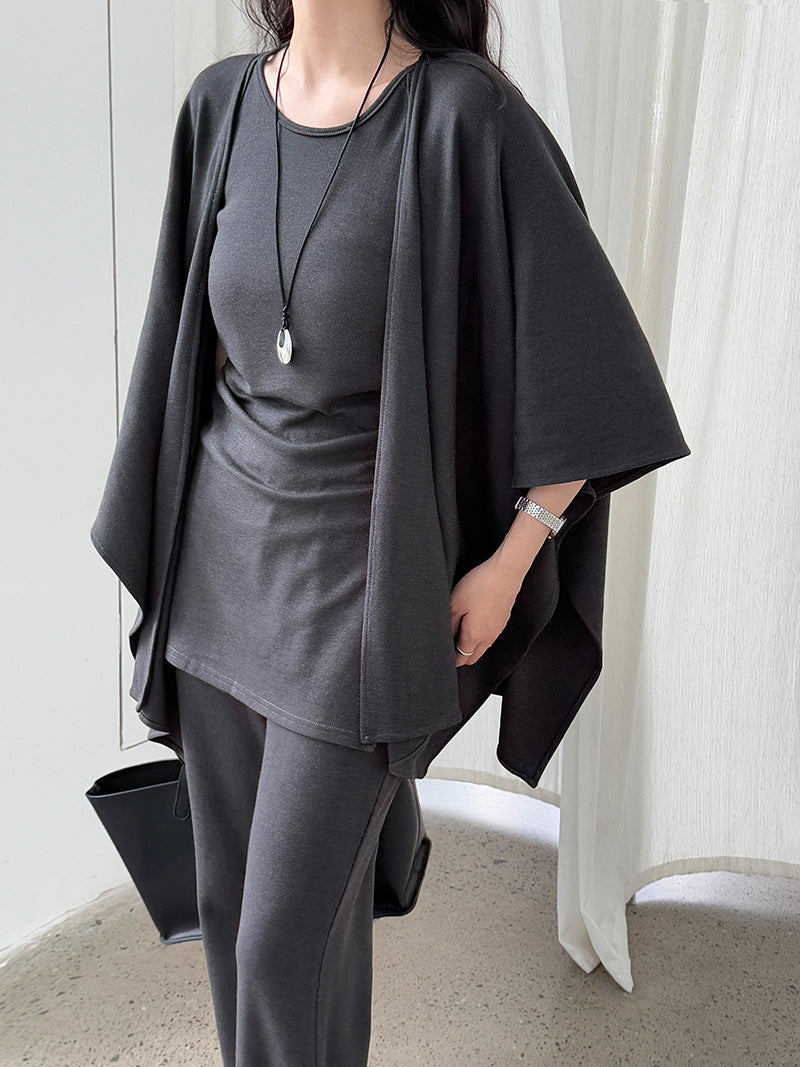 cape shawl + waist sling vest + high waist flared pants women's 25 autumn new three-piece set