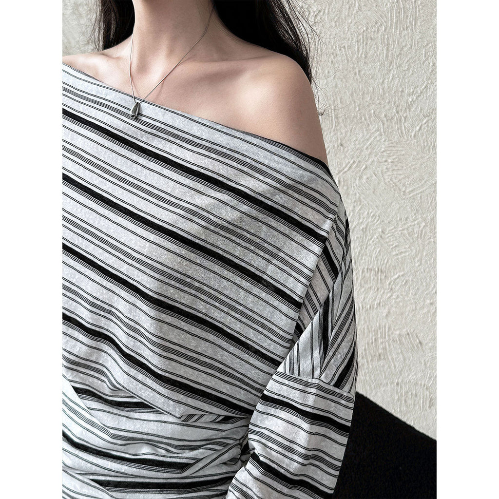 Light and thin sunscreen long-sleeved T-shirt for women~ Korean summer waist and thin one-word collar slanted shoulder striped top