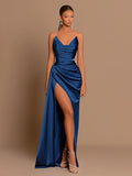 New Celebrity Temperament Evening Dress Sexy Slim V Waist Satin Split Transparent Shoulder Strap Dress
