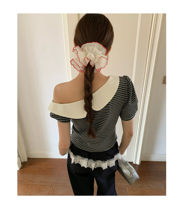 Striped Off-Shoulder Diagonal Neck Tee