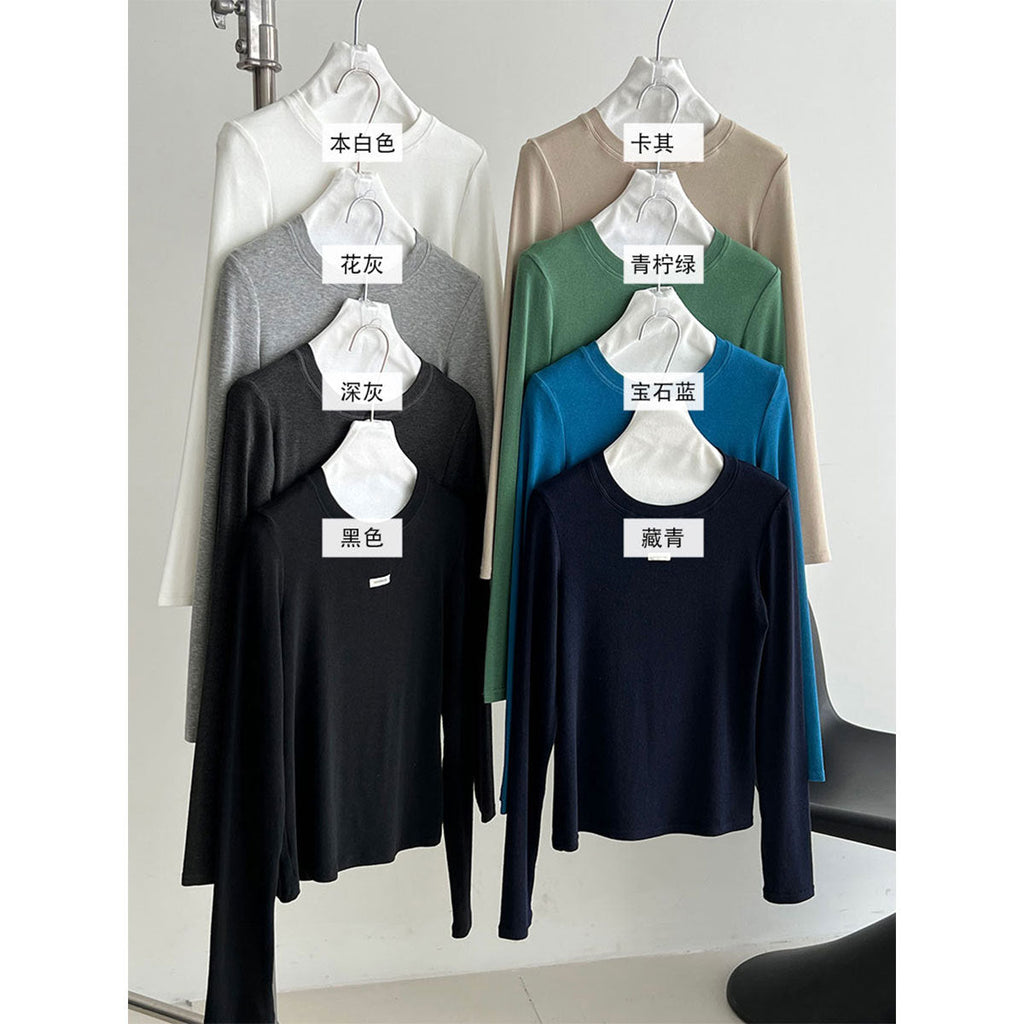 Soft and glutinous slim solid color crew neck base shirt women's autumn embroidery Korean standard design long-sleeved T-shirt top
