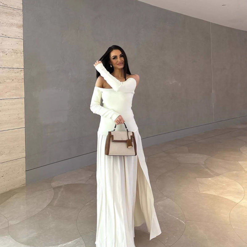 Sexy off-the-shoulder long-sleeved split pleated skirt splicing one-word shoulder European and American dress