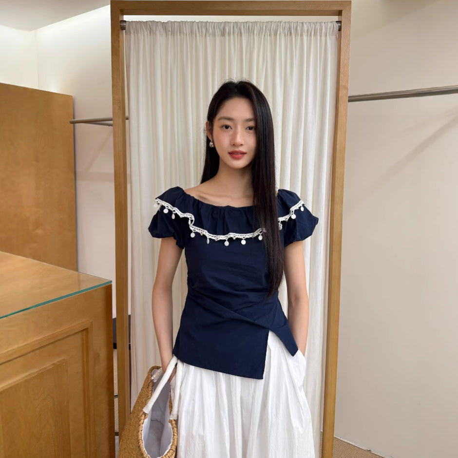 Off-Shoulder Ruffle Trim Bubble Sleeve Cotton Top