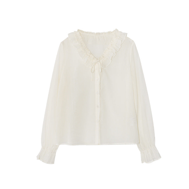 Gentle temperament perspective fungus edge lace-up long-sleeved shirt women