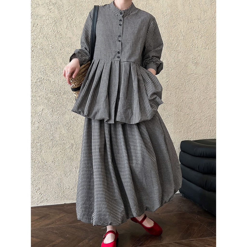 Vintage age-reducing plaid doll shirt top + bud skirt two-piece spring suit