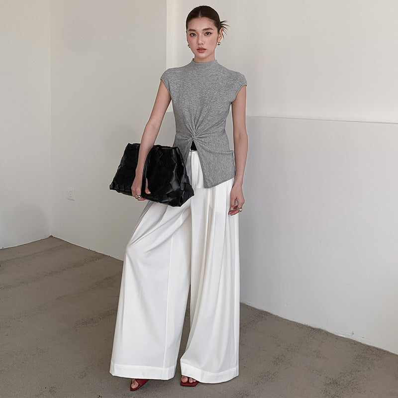 Wide belt casual slim straight trousers
