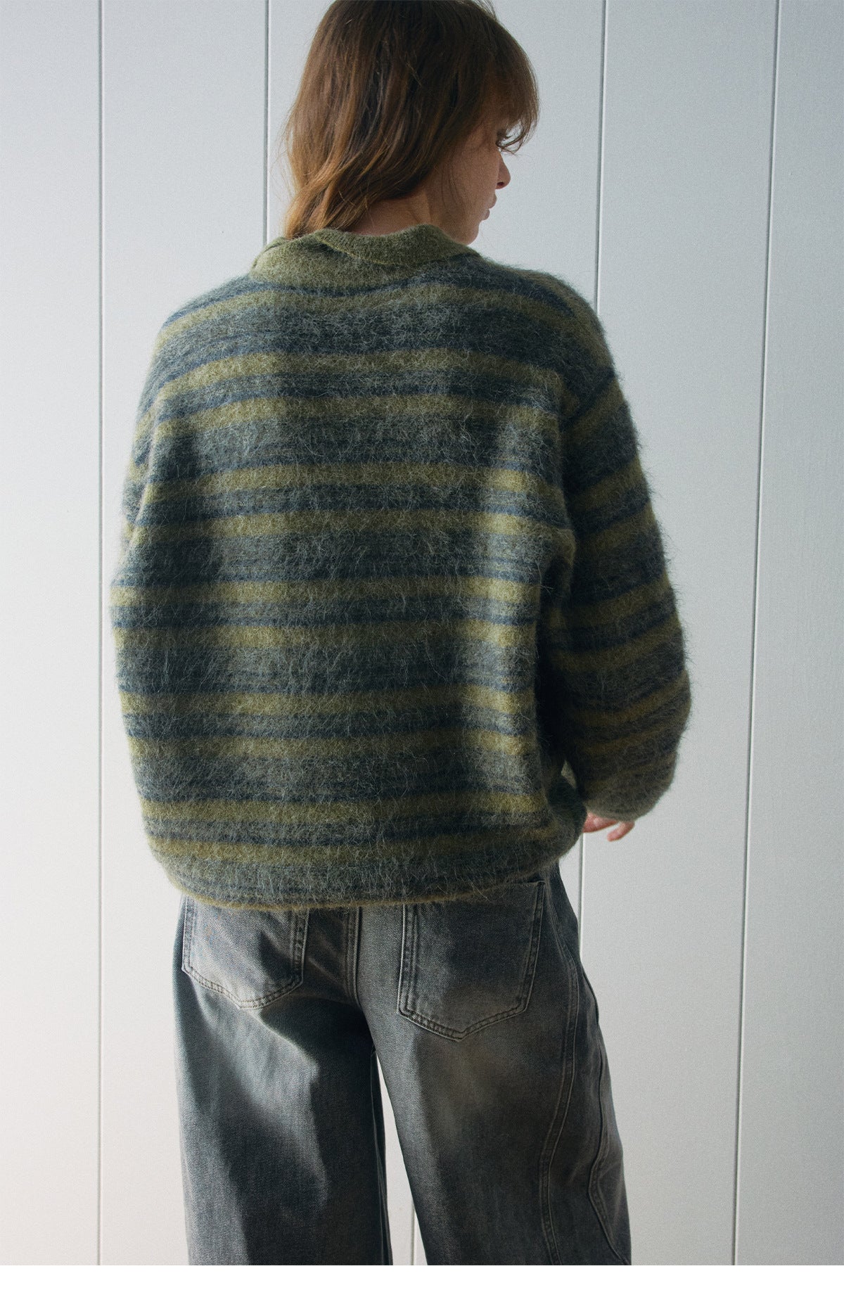 Autumn new casual polo collar high proportion alpaca hair versatile contrasting striped sweater