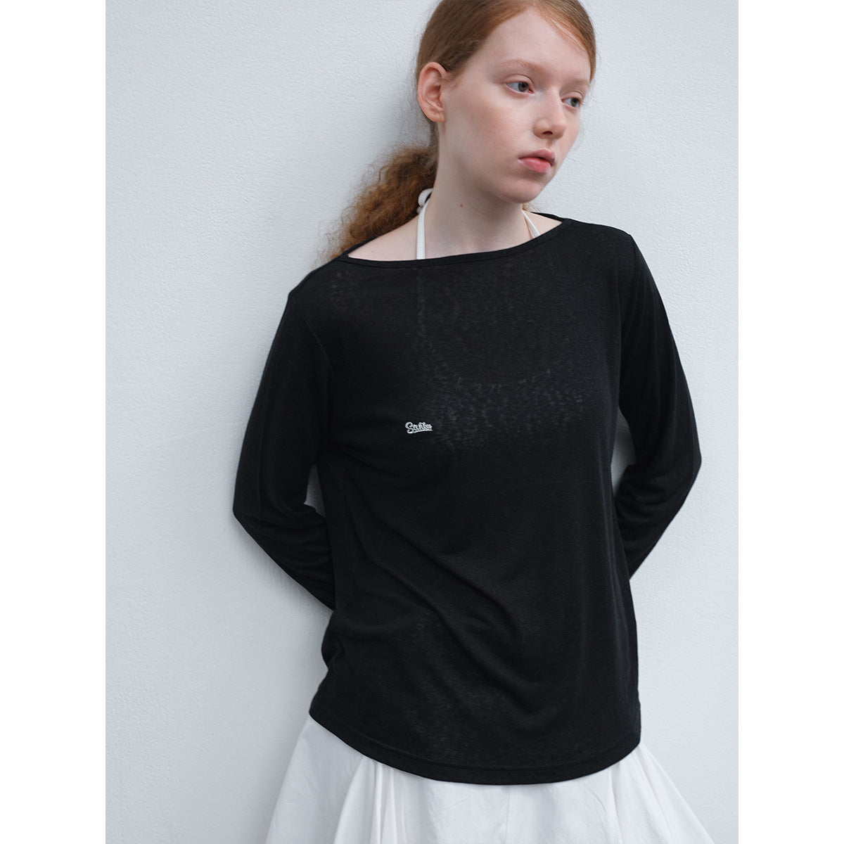 Spring New Casual Tencel Hemp Embroidery Solid Color Versatile Boat Collar Thin Transparent Long Sleeve T-Shirt