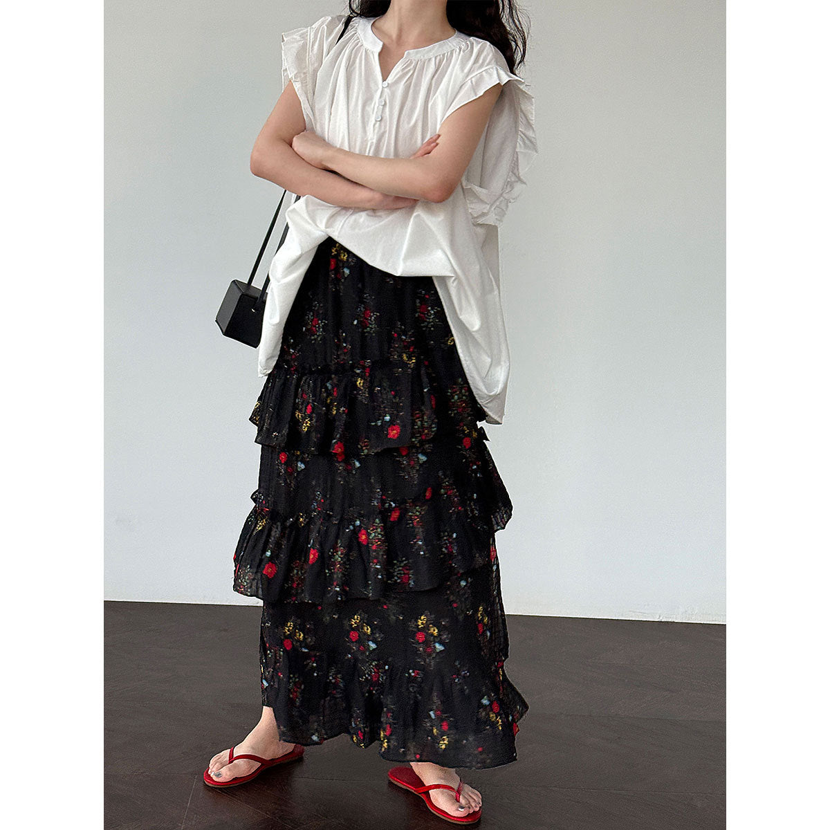 French romantic split cake skirt women's summer new fluffy pleated floral skirt long dress