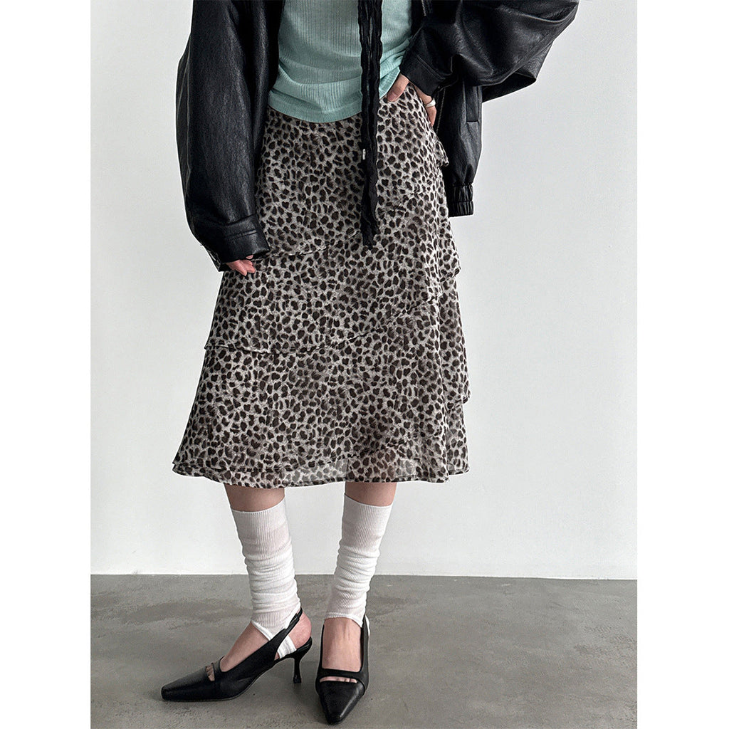 Irregular high-waisted chiffon leopard print skirt women's spring new ruffle leaf edge cake skirt A-shaped skirt