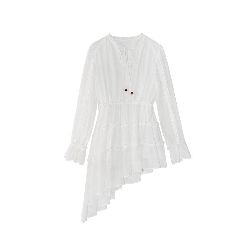 Autumn French age-reducing temperament irregular beveled hem shirt dress