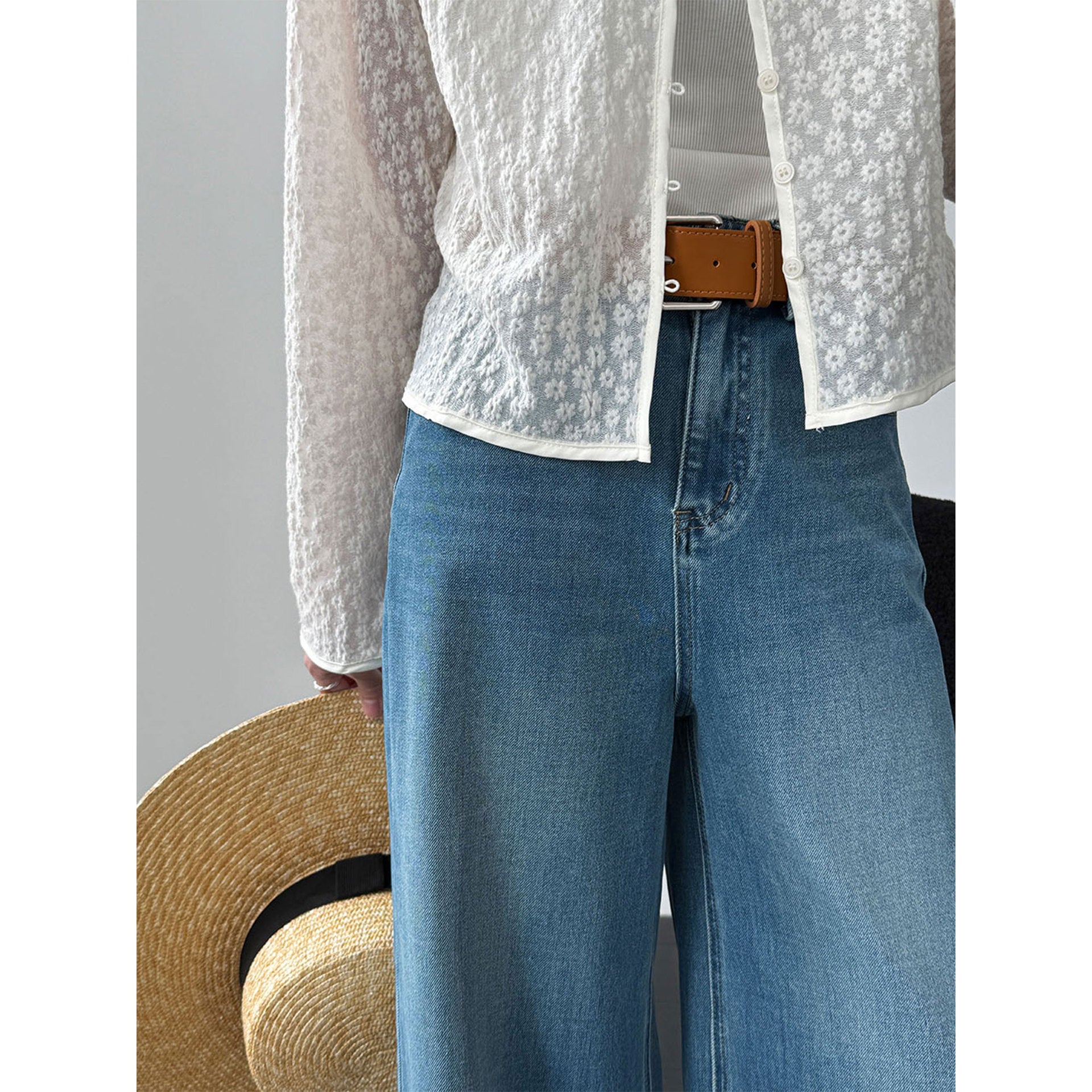 Korean simple four-sided elastic and thin with belt wide-leg pants women's 26 spring new jeans