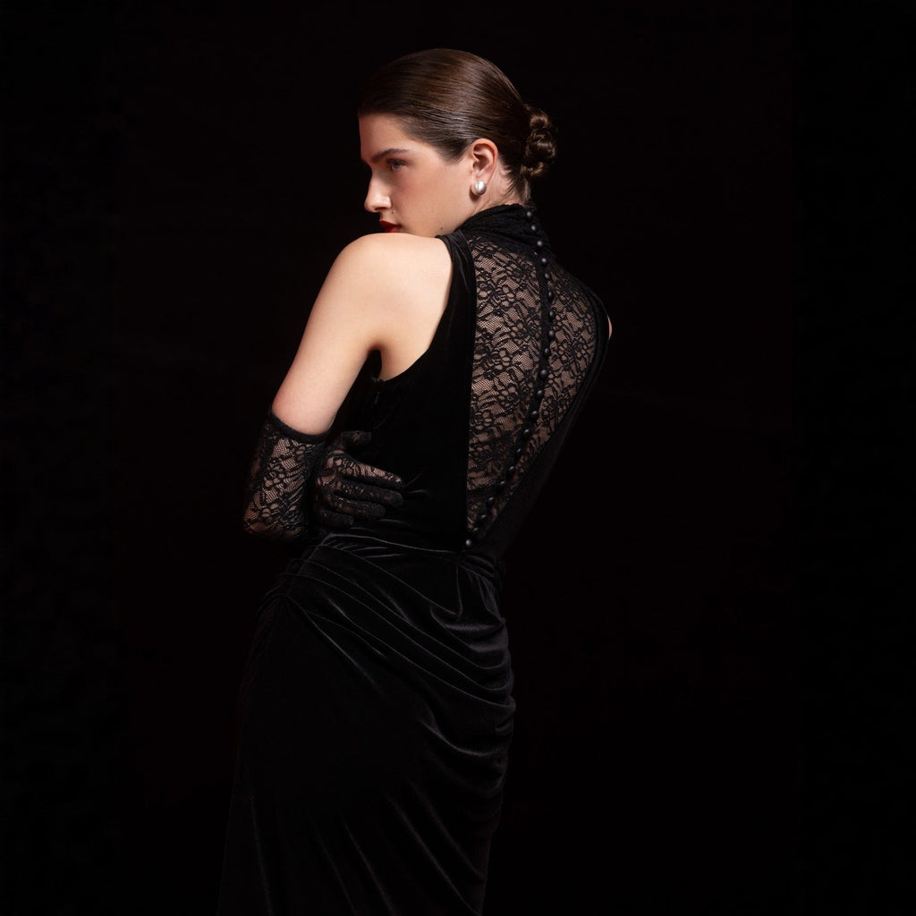 Pleated neck lace hip skirt splicing swing neck sexy dress