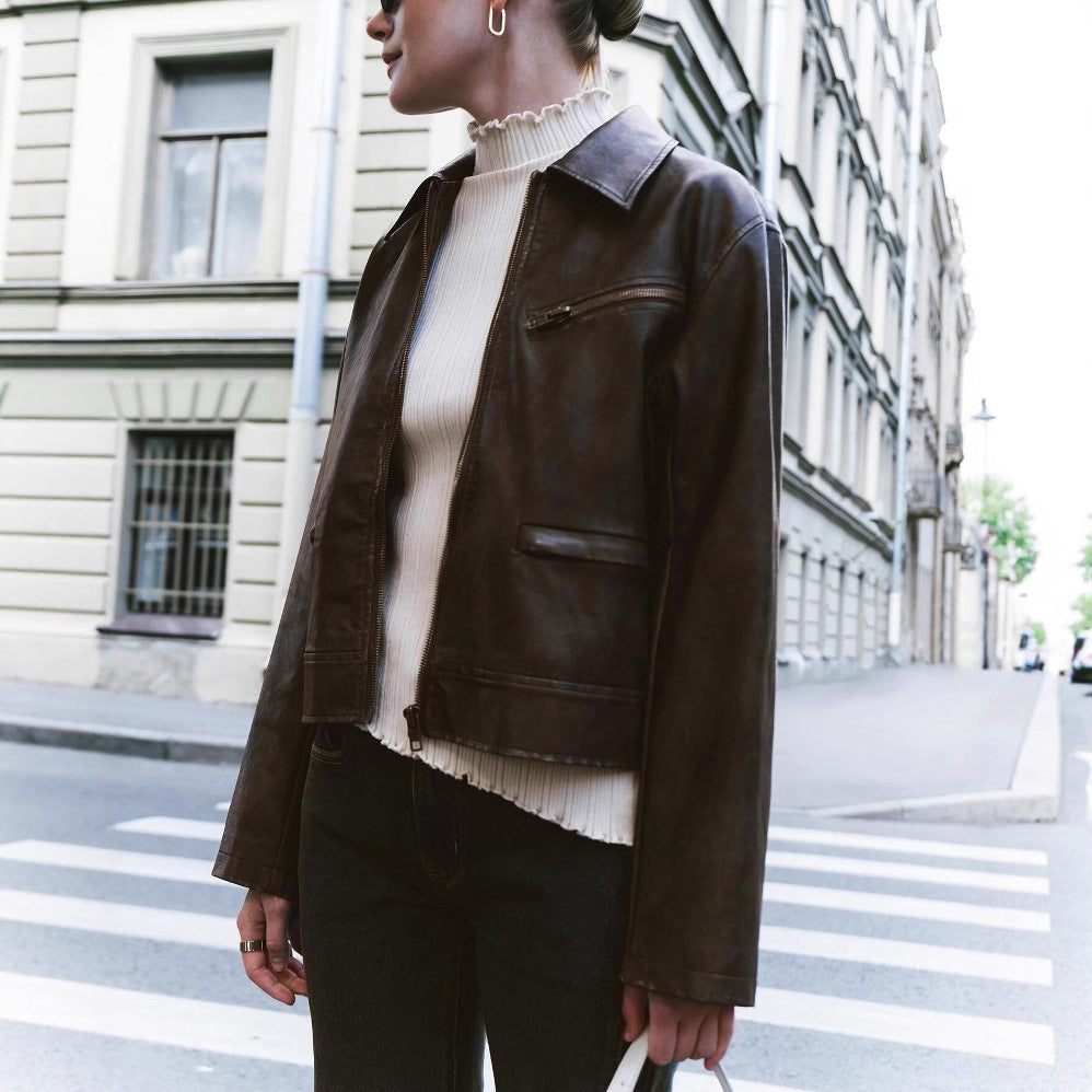 Spice girl American retro style slim leather jacket temperament niche lapel jacket