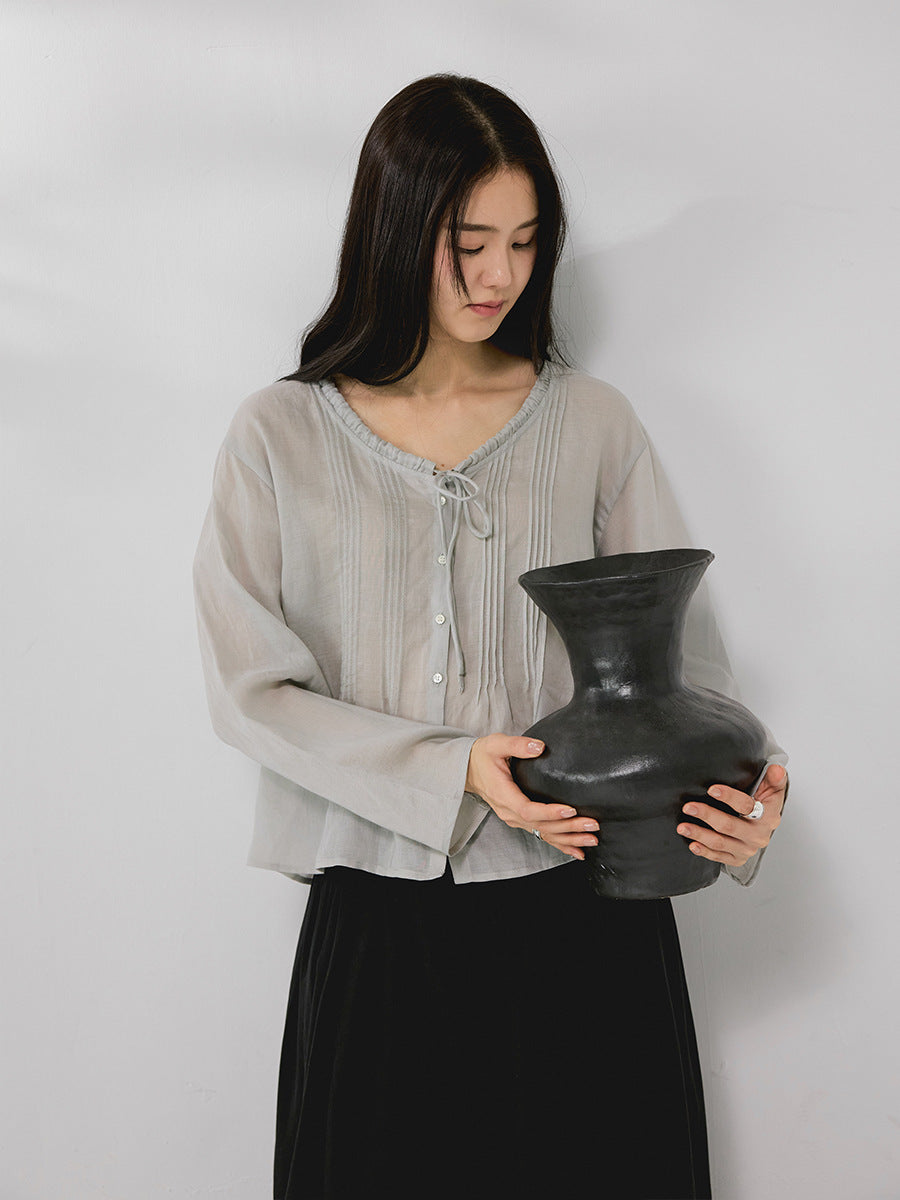 Tencel ramie pleated texture v-neck lazy lace shirt lazy shirt