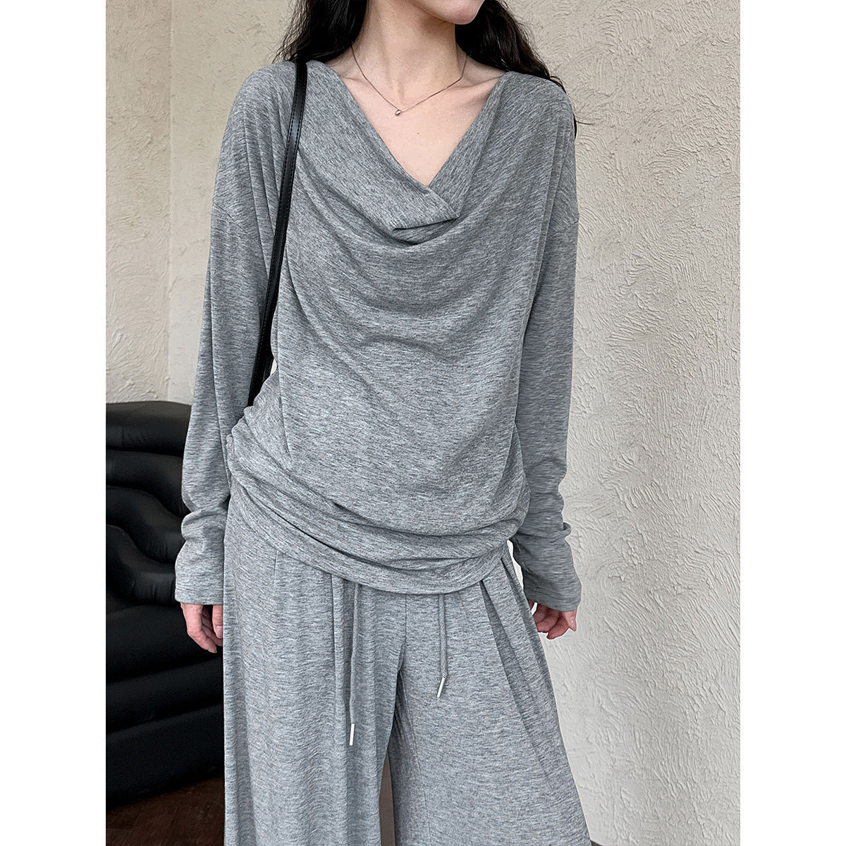 Scoop neck top + high-waisted wide leg pants casual set