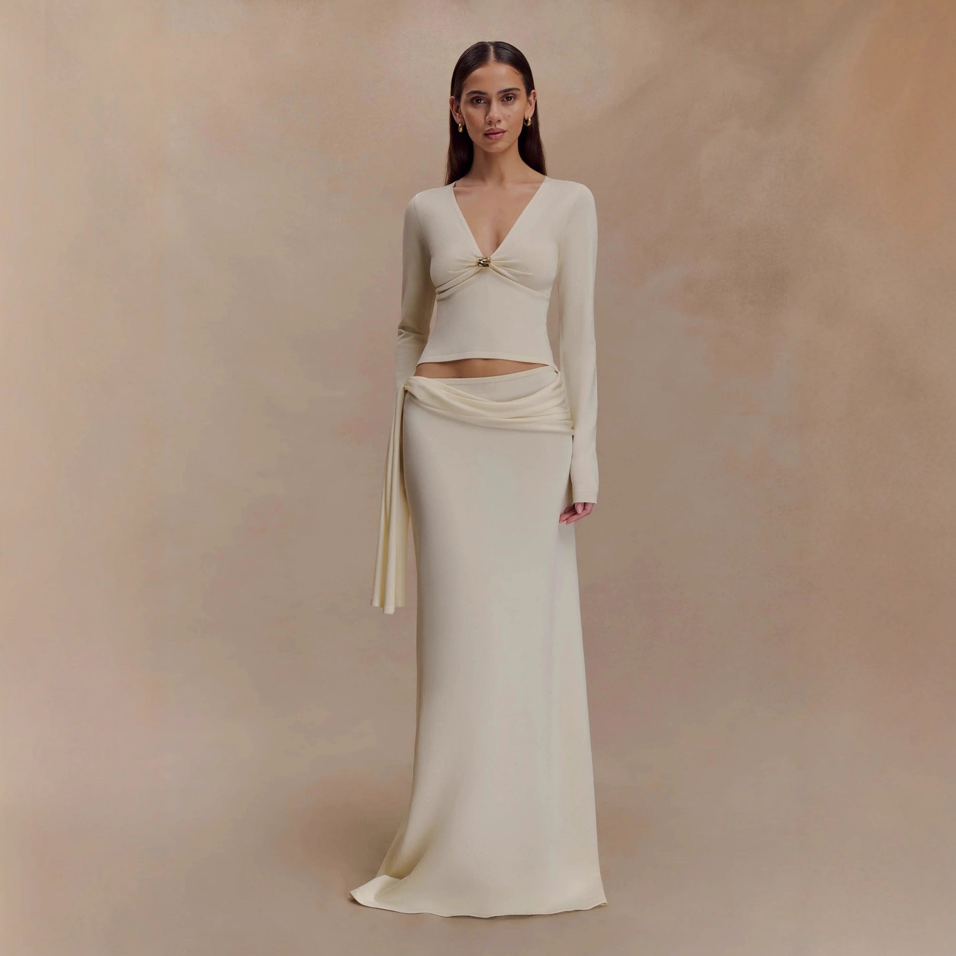 Fashion streamer sexy long-sleeved top skirt two-piece autumn and winter suit