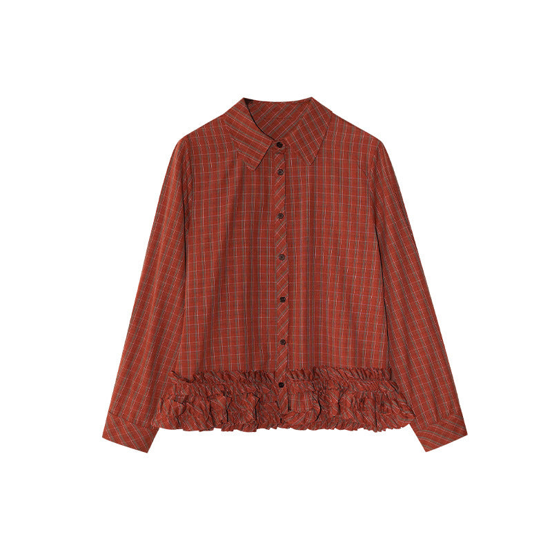 Autumn Merad retro fashion foreign style lapel long sleeve plaid shirt women