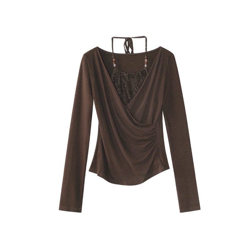 Sexy splicing lace slim neck long sleeve T-shirt
