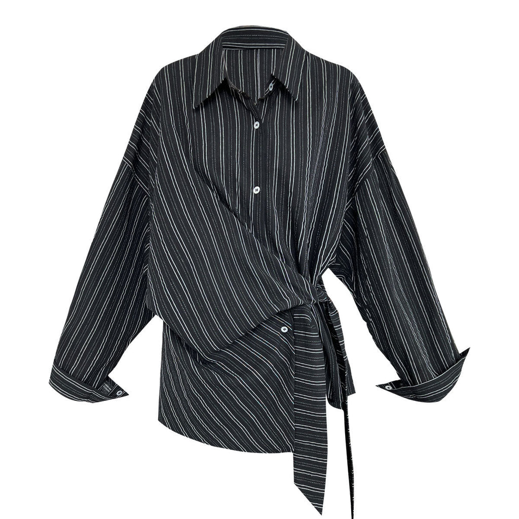 Niche texture striped strap waist shirt 25 autumn Korean irregular shirt