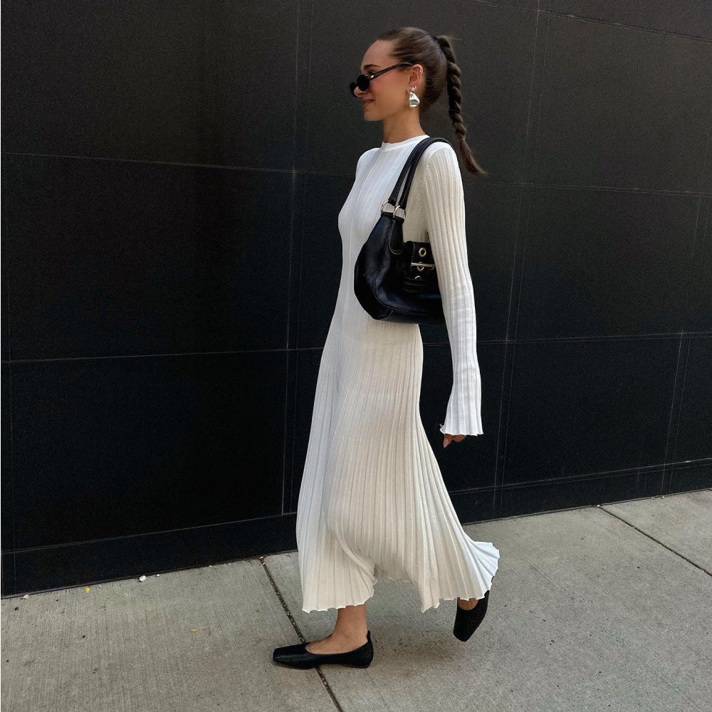 Knitted Long Dress Women Round Neck Bell Sleeve Lace-Up Casual
