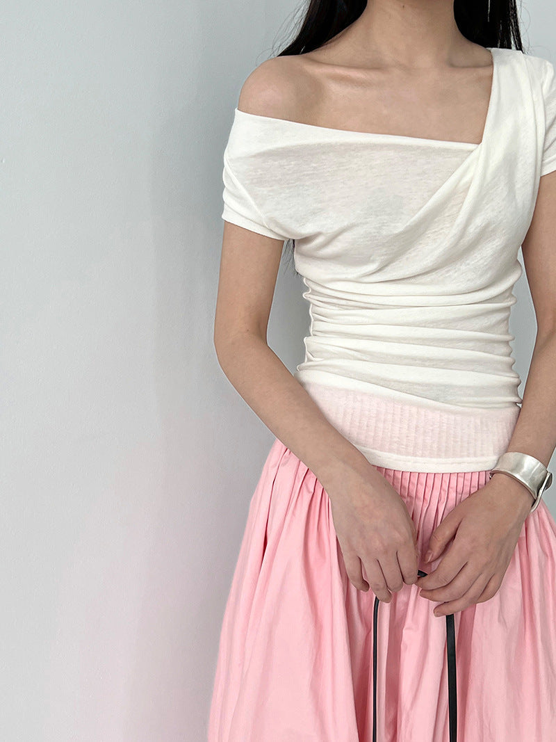 French slanted shoulder swing neck short-sleeved T-shirt summer silk wool soft waxy light slim slim top