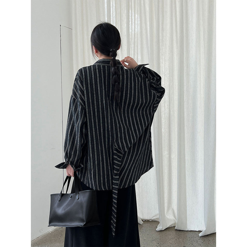 Niche texture striped strap waist shirt 25 autumn Korean irregular shirt
