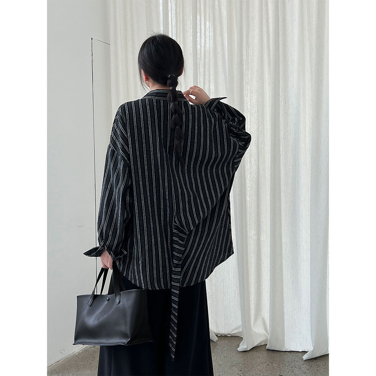Niche texture striped strap waist shirt 25 autumn Korean irregular shirt