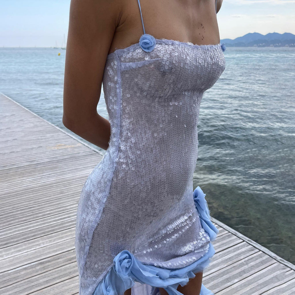 Sexy dress sequined fungus edge dress three-dimensional flower suspender skirt
