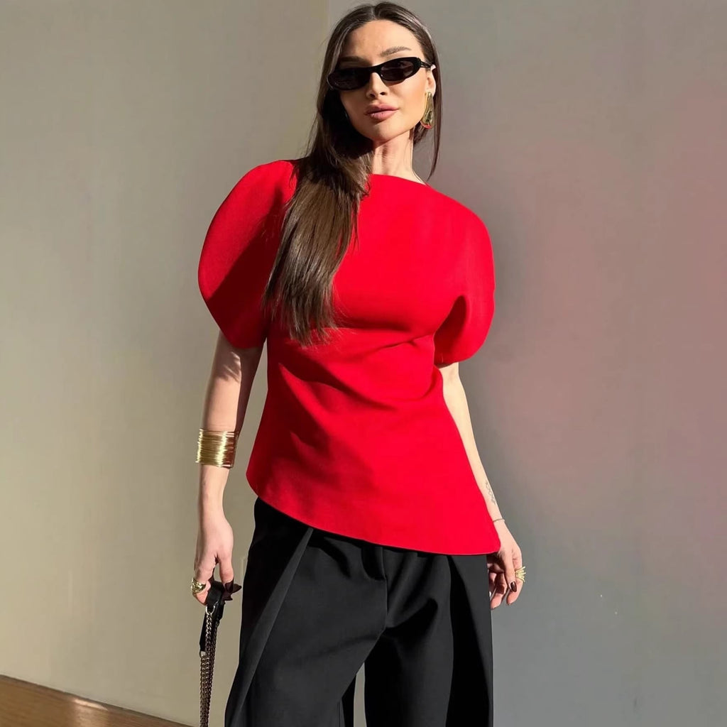 Puff Sleeve Top Women Round Neck Asymmetrical Slim Fit T-Shirt