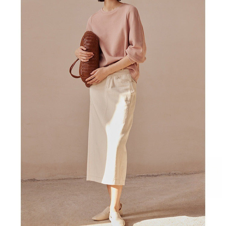 Loose round neck hoodless sweater women's classic white straight split denim skirt casual retro slim suit autumn