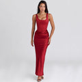 Sexy satin fishbone suspender hip skirt pleated splicing hottie dress sleeveless waist