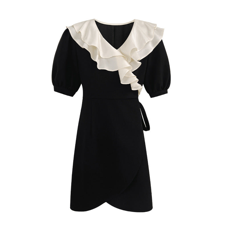 French ruffle dress slim lace-up black skirt