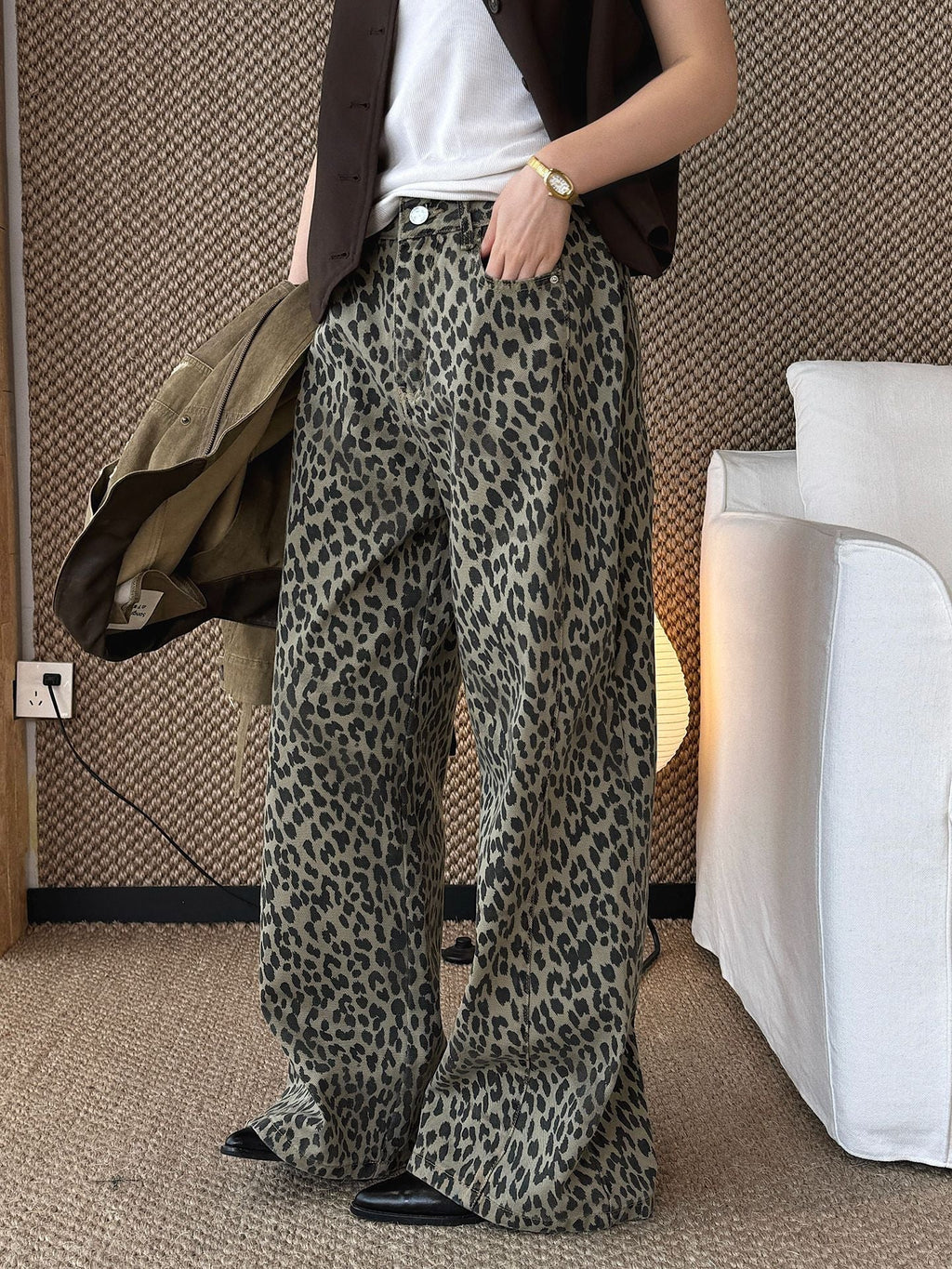 New Korean retro fashionable contrasting color leopard print printed jeans loose silhouette trousers women