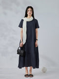 100% Linen Crew Neck Loose Short Sleeve Side Striped Holiday Style Dress