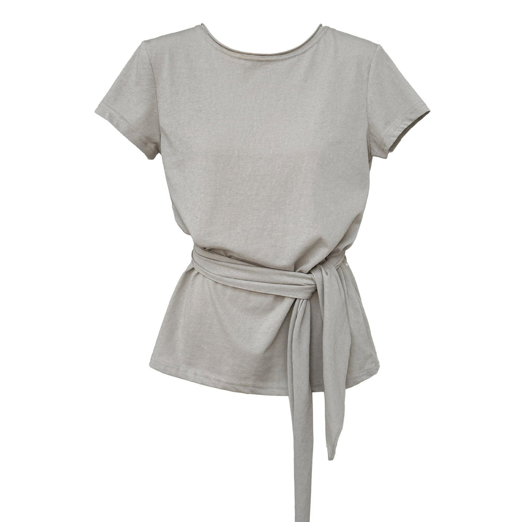 Korean version strap waist T-shirt women's summer new casual round neck versatile short-sleeved front shoulder top