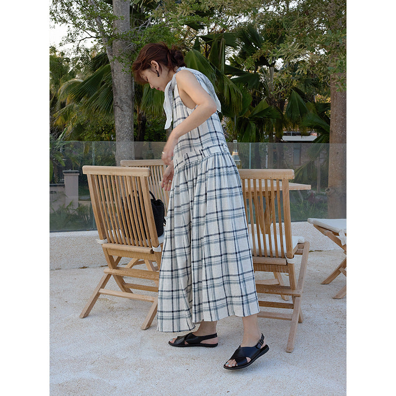 Vintage Plaid Double Pocket Crew Neck Vest Dress
