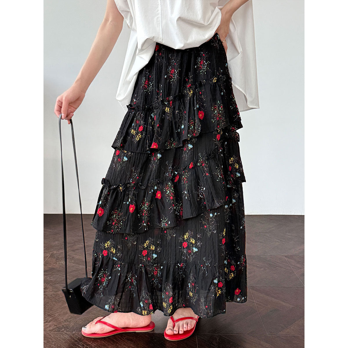 French romantic split cake skirt women's summer new fluffy pleated floral skirt long dress