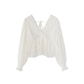 Chic design ruffled long-sleeved v-neck shirt