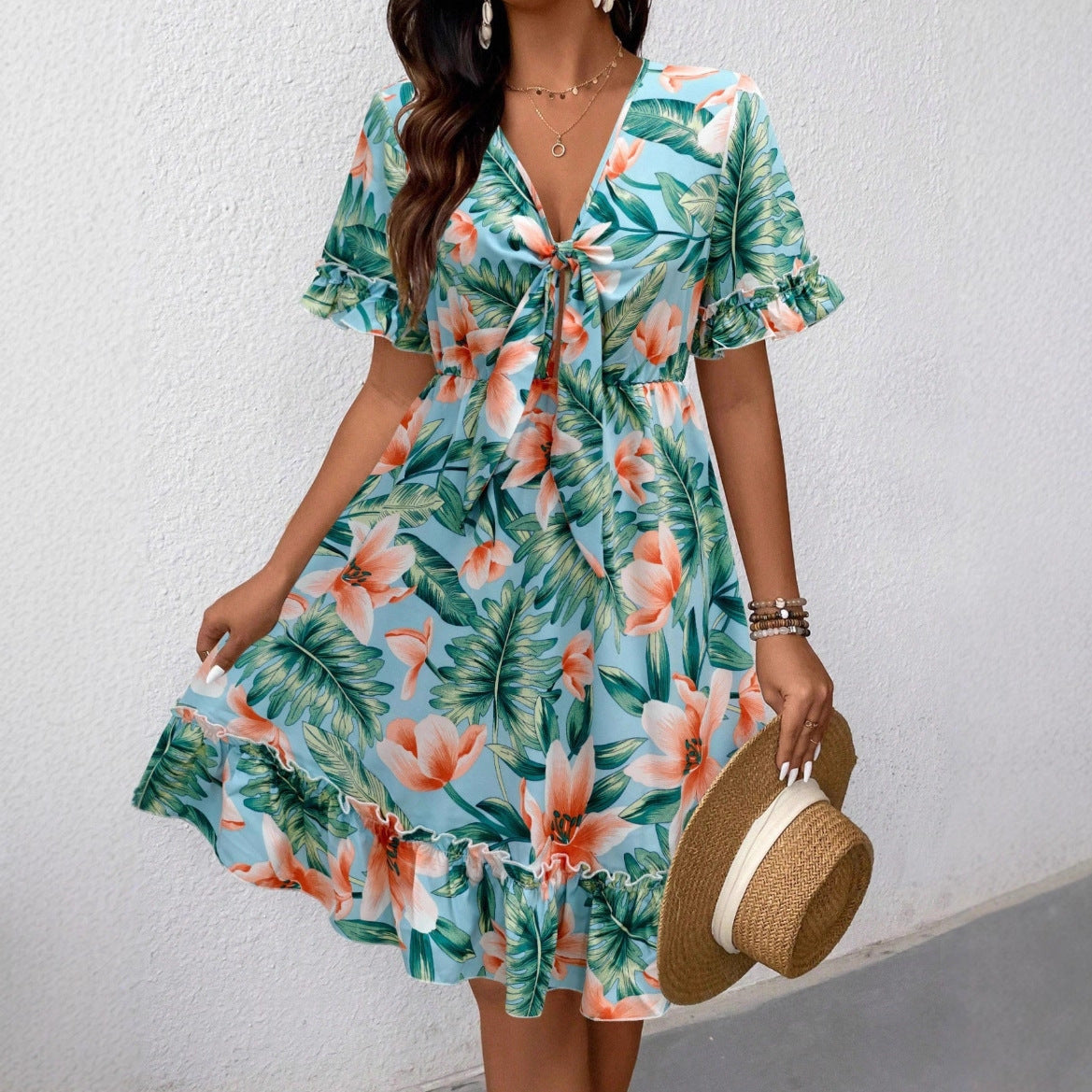 New v-neck floral print fashion resort knee-length summer dress