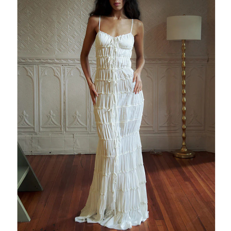 Stylish and sexy backless suspender dress pleated lace mopping floor long dress style