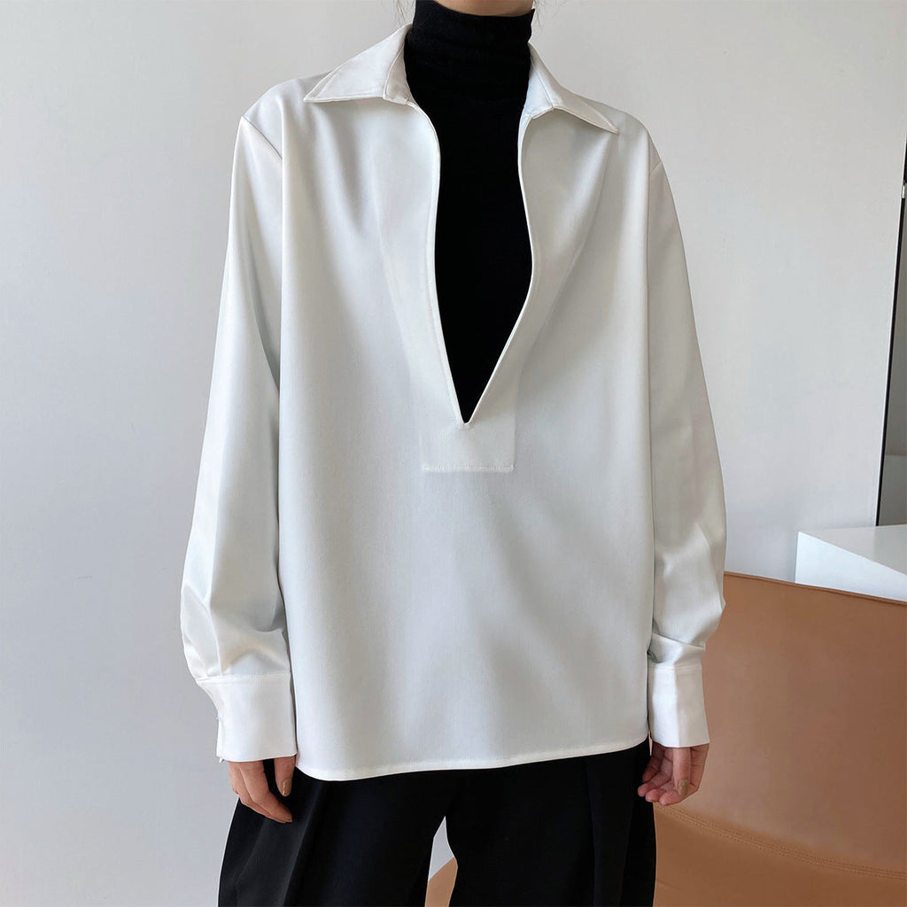 Autumn new design sense light ripe long-sleeved V-neck shirt women's fashion overlay top 677
