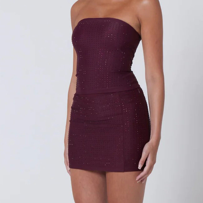 tube top short skirt sexy hot diamond short sleeve skirt set