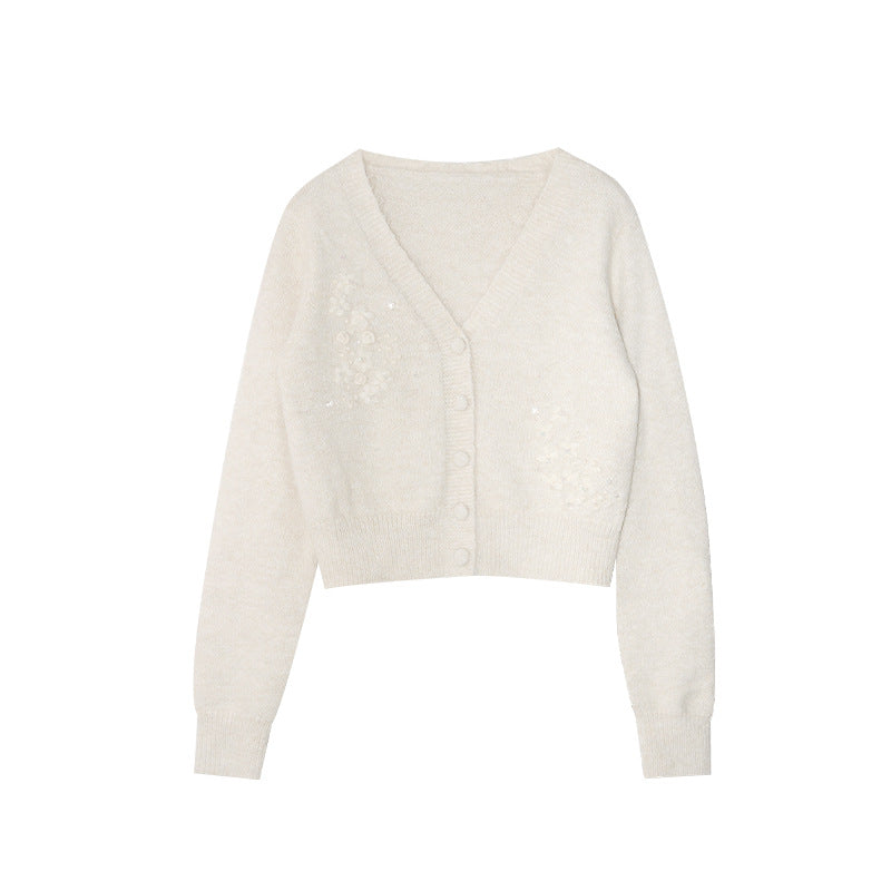 Gentle and sweet wool deep v-neck long-sleeved jacquard sweater cardigan