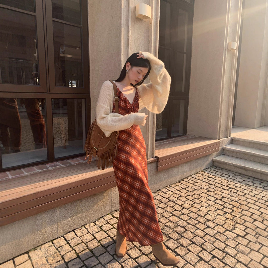 Holiday waist long dress plaid suspender dress