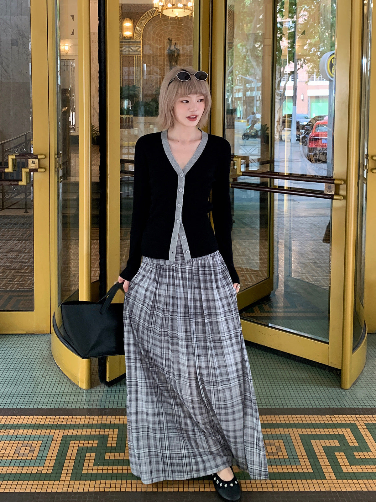 High waist a word tall mesh cool plaid half skirt elegant knitted skirt